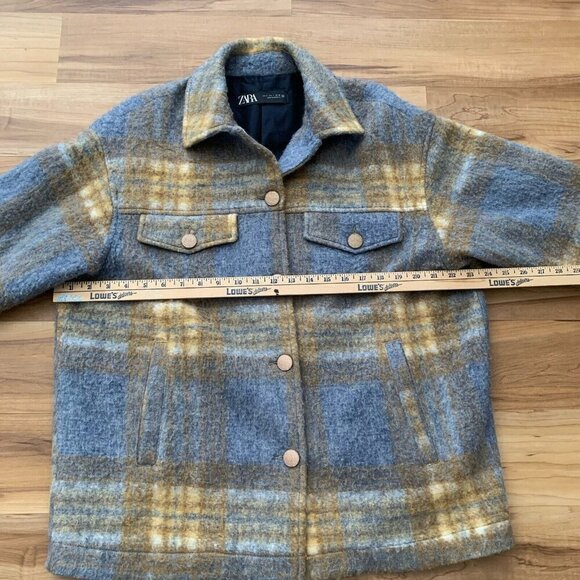 Zara Mix Blue Brown Plaid Shacket Button Long Sleeve Women’s Small Pockets - Picture 4 of 12